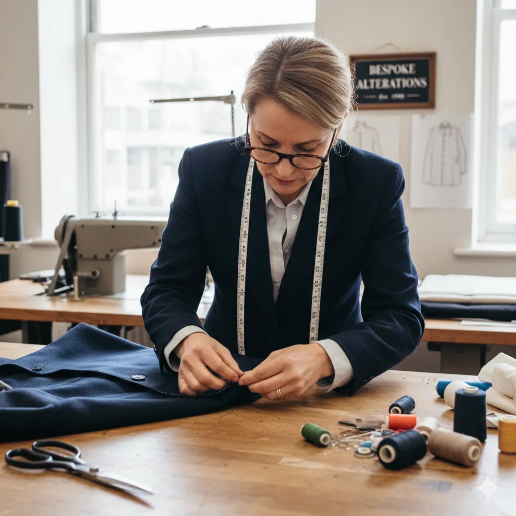 Expert tailor performing precise garment alterations