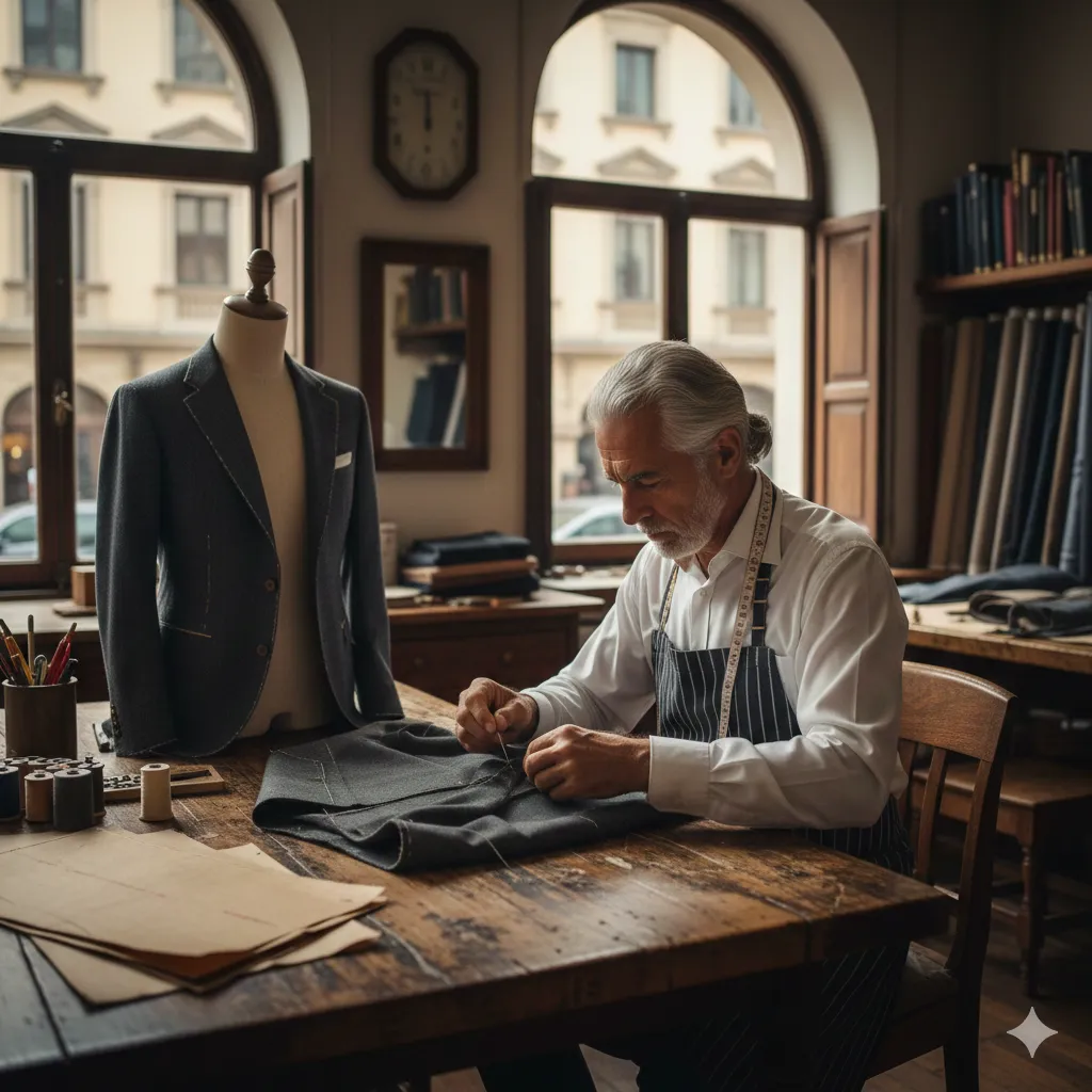 Master tailor creating custom fitted suit jacket