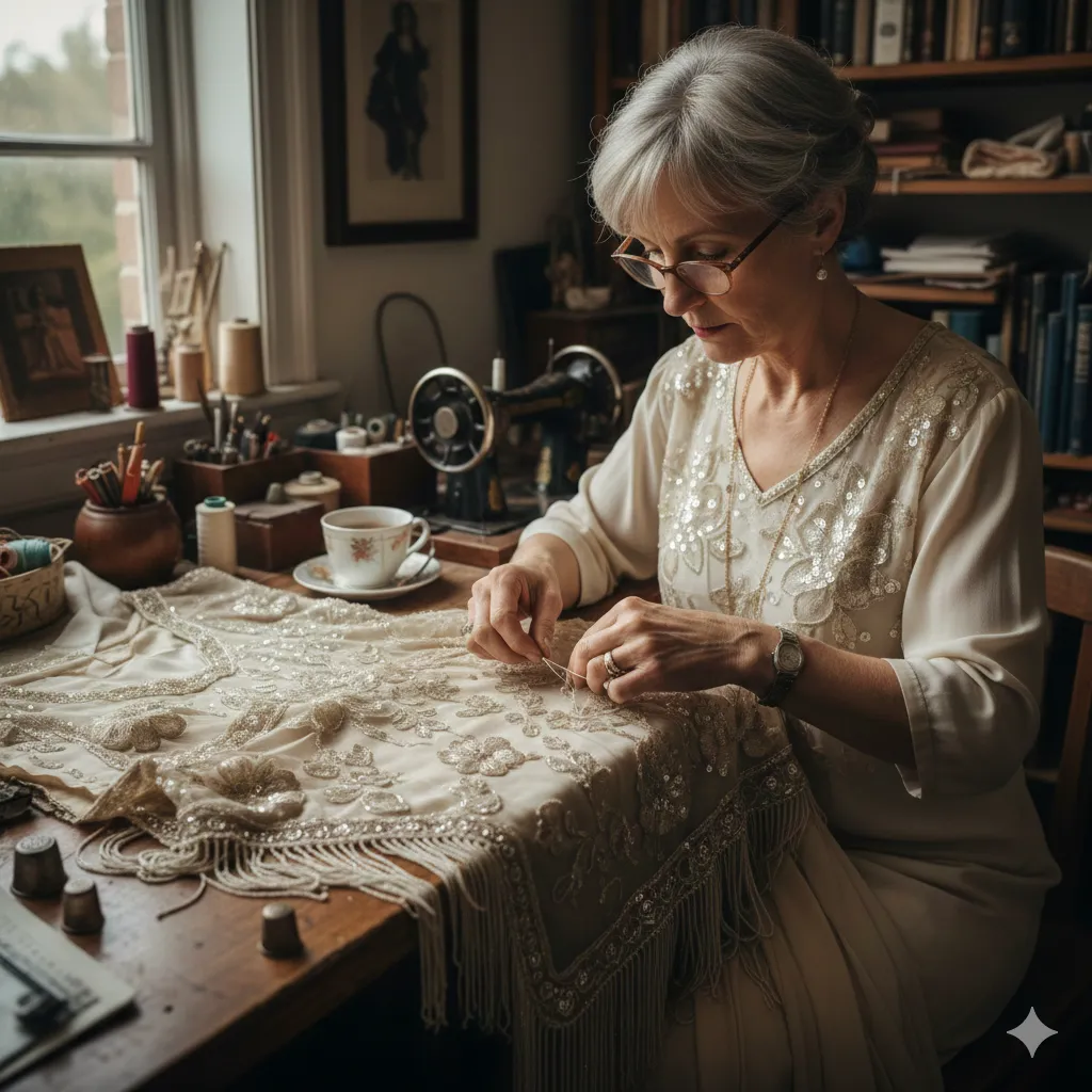 Skilled artisan restoring vintage garment with care